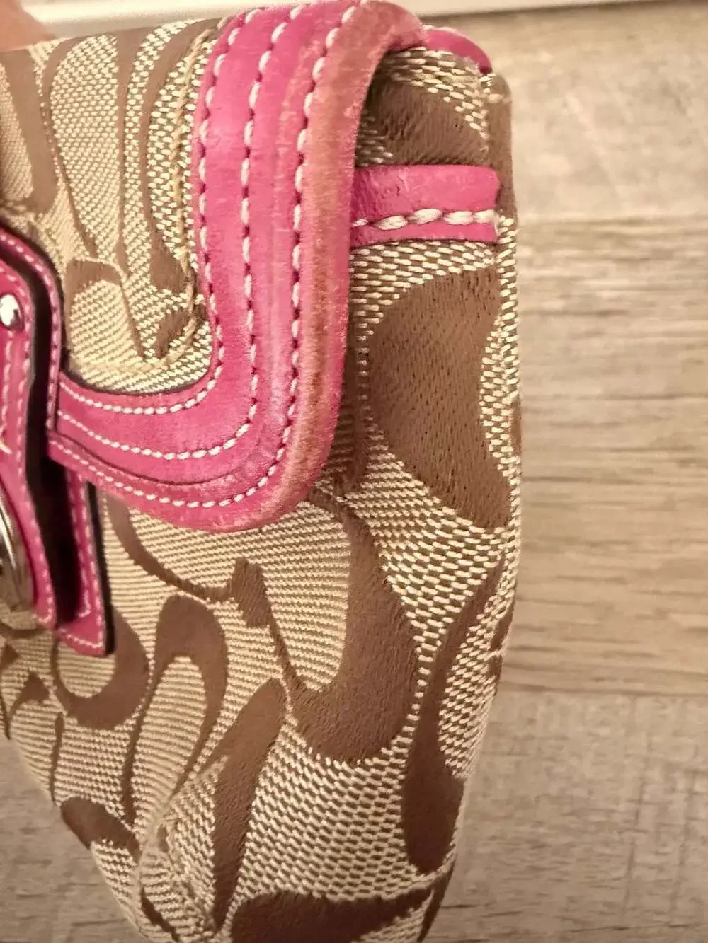 Coach Signature Brown and Pink Turnlock Wristlet